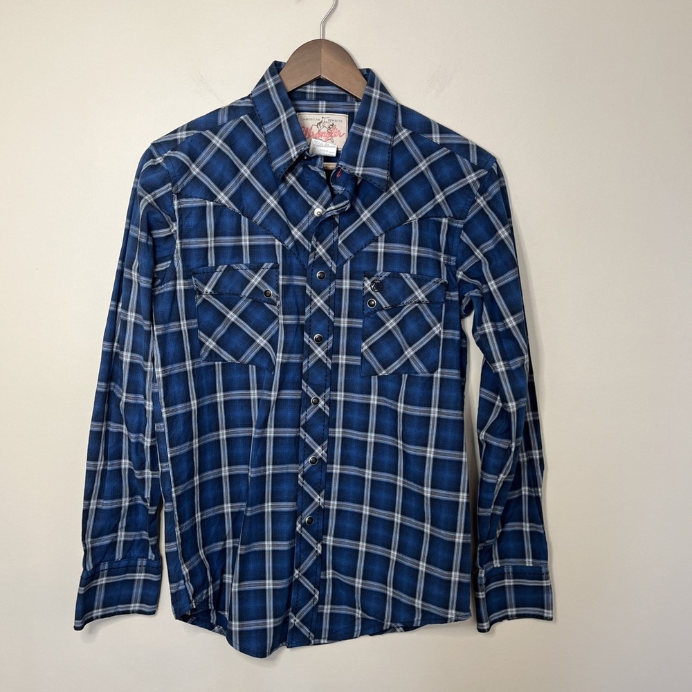 Wrangler Men's Blue Plaid Black Pearl Snap‎ Long Sleeve Shirt Small Western
